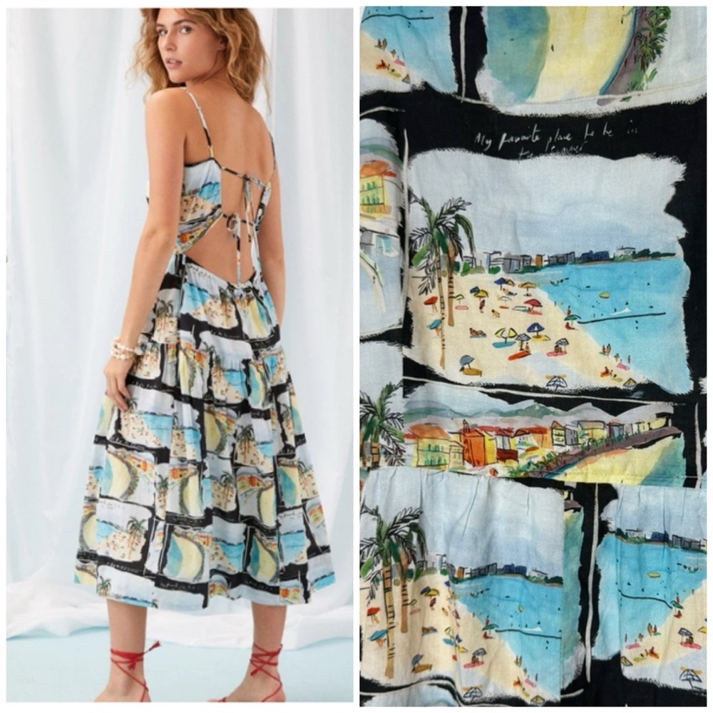 R. G. Kane Costa Beach Postcard Print Open Back Tiered Midi Dress Size Large